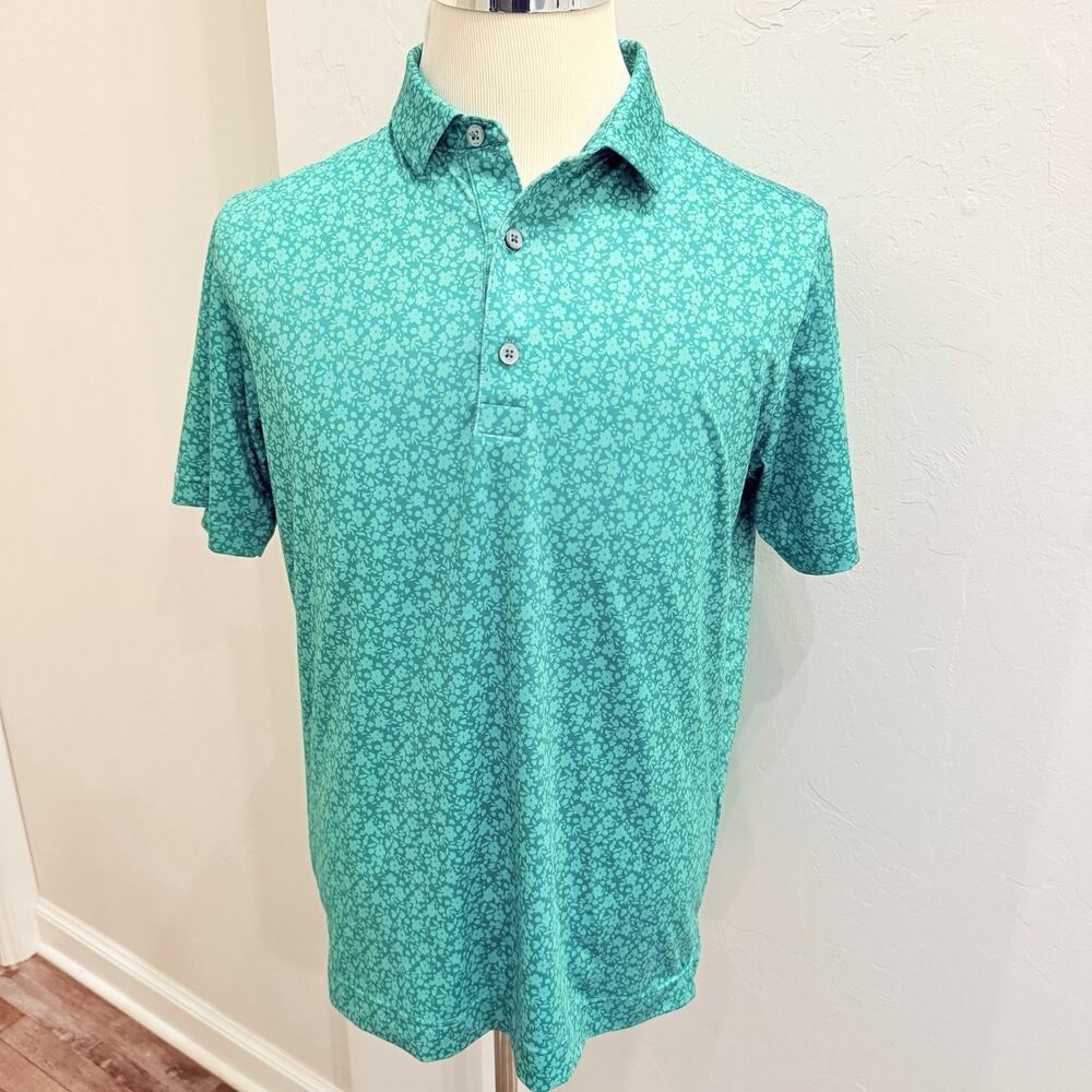 DEOLAX Men’s Size M Green Floral Print Golf Polo Shirt Polyester Spandex (A0131)